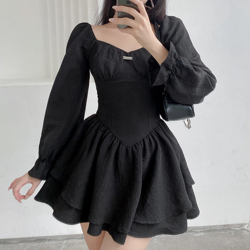 Temperament Square Neck Puff Long Sleeve Double Short Skirt Dress - Image 3