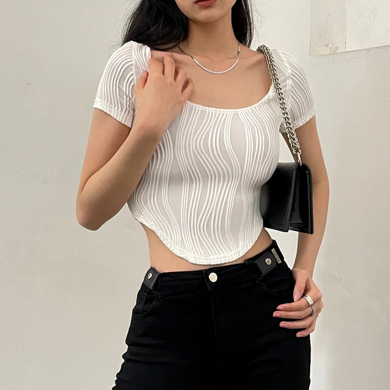 Textured Stripe Short Sleeve Crop Top - Image 4