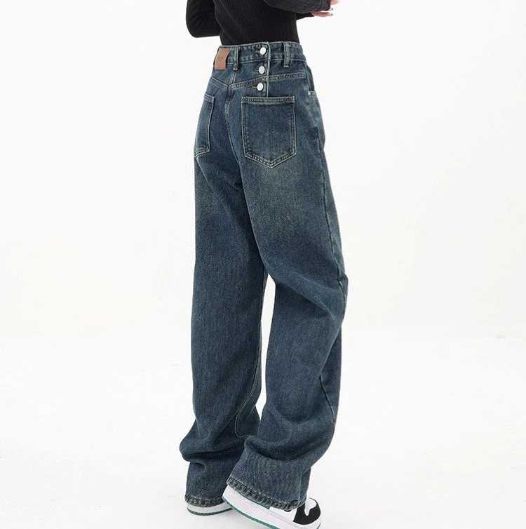 Three Button Baggy Wide Leg Boyfriend Jeans - Image 2