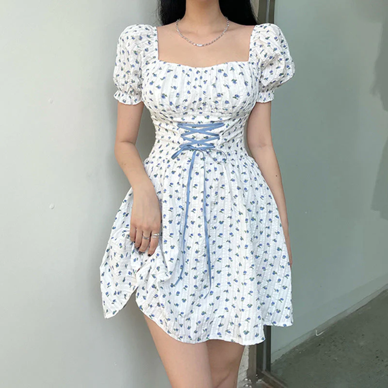 Tie Front Floral Puff Sleeve Mini Dress - Image 2