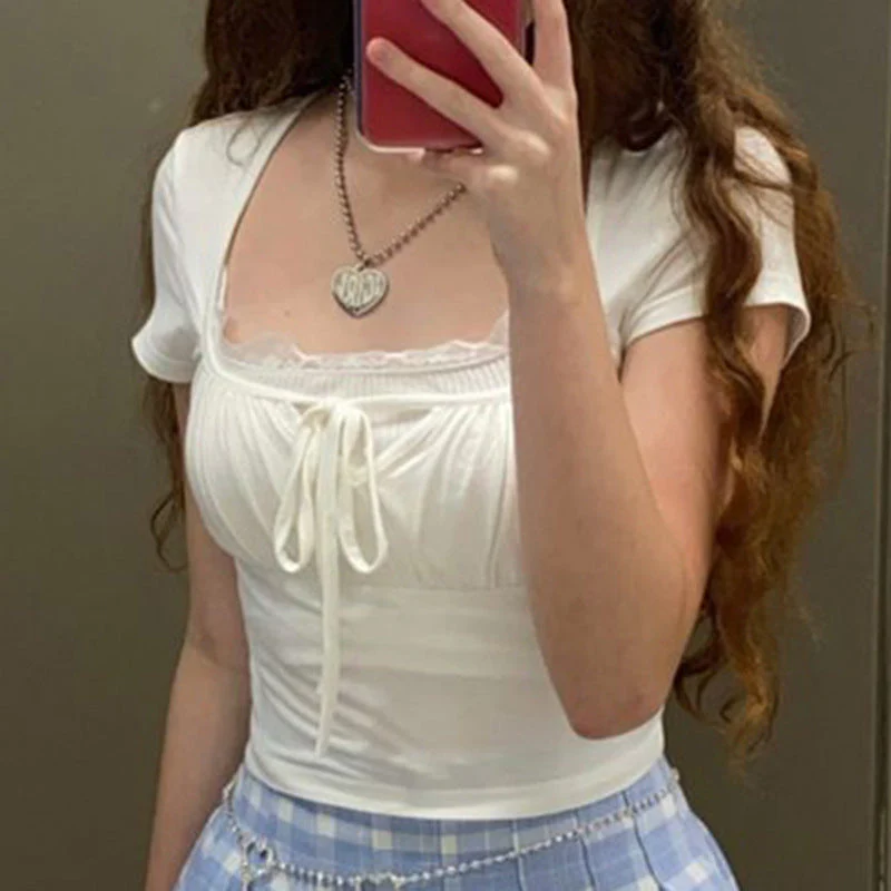 Tie Front Patchwork White Crop Top - Image 4
