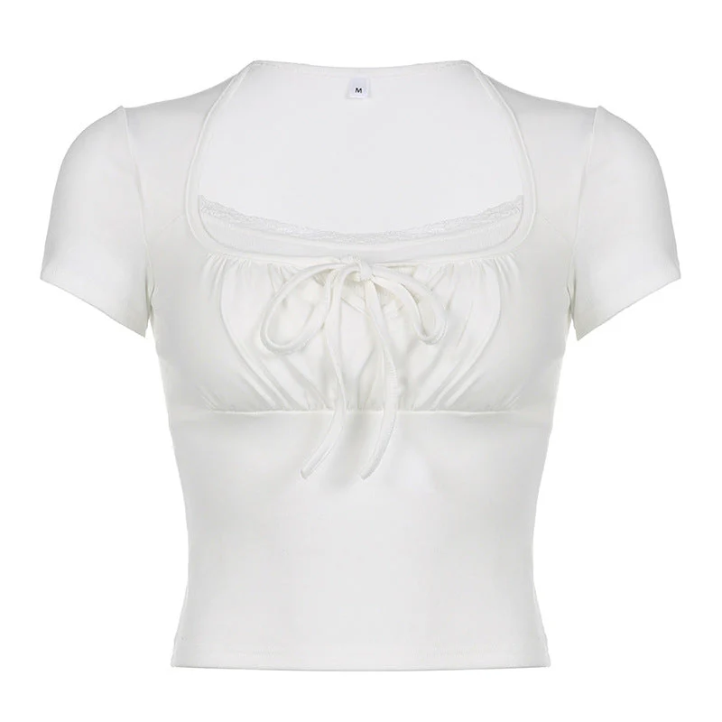 Tie Front Patchwork White Crop Top - Image 5