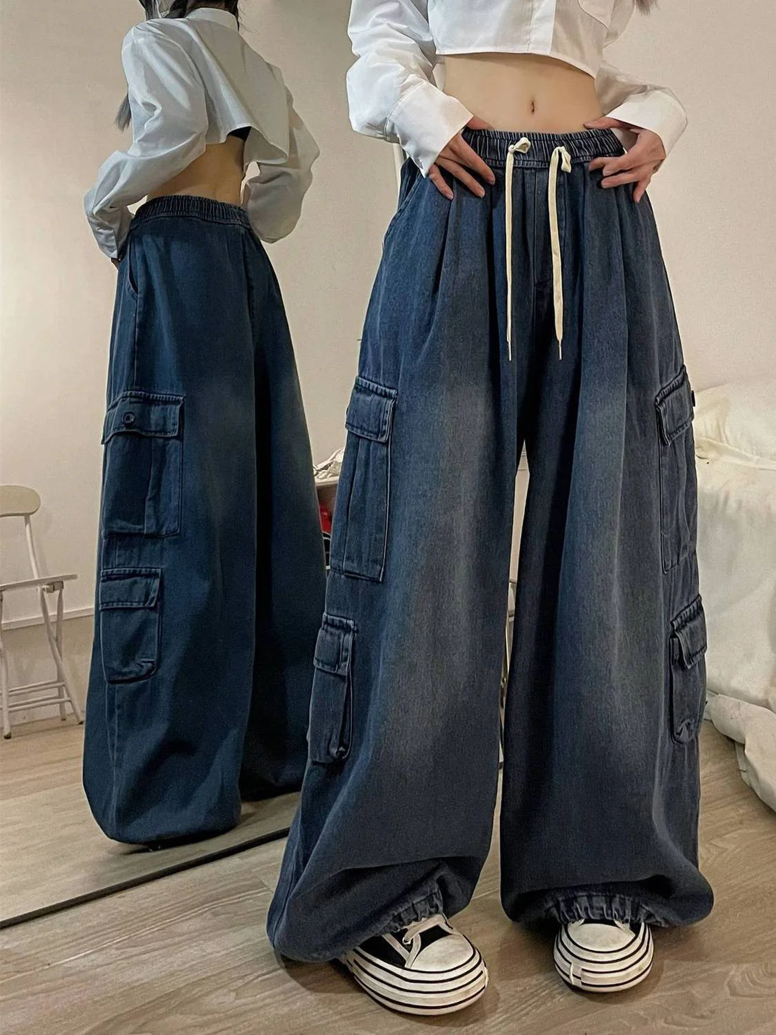 Tie Strap Baggy Cargo Jeans - Image 5
