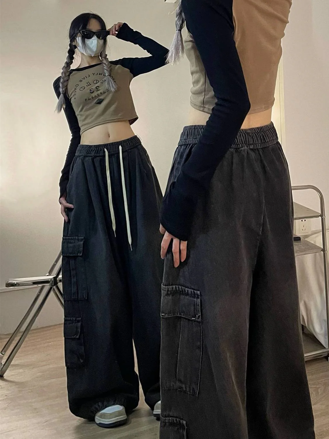 Tie Strap Baggy Cargo Jeans - Image 7