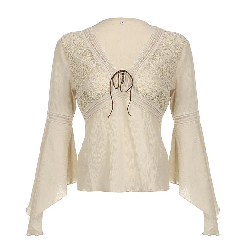 Tribal Cutout V Neck Lacing Flared Long Sleeve Blouse - Image 11