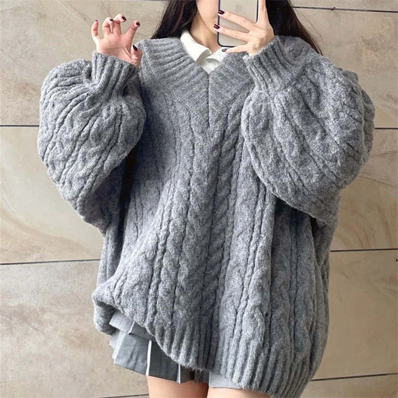Twist Design V Neck Loose Sweater - Image 7