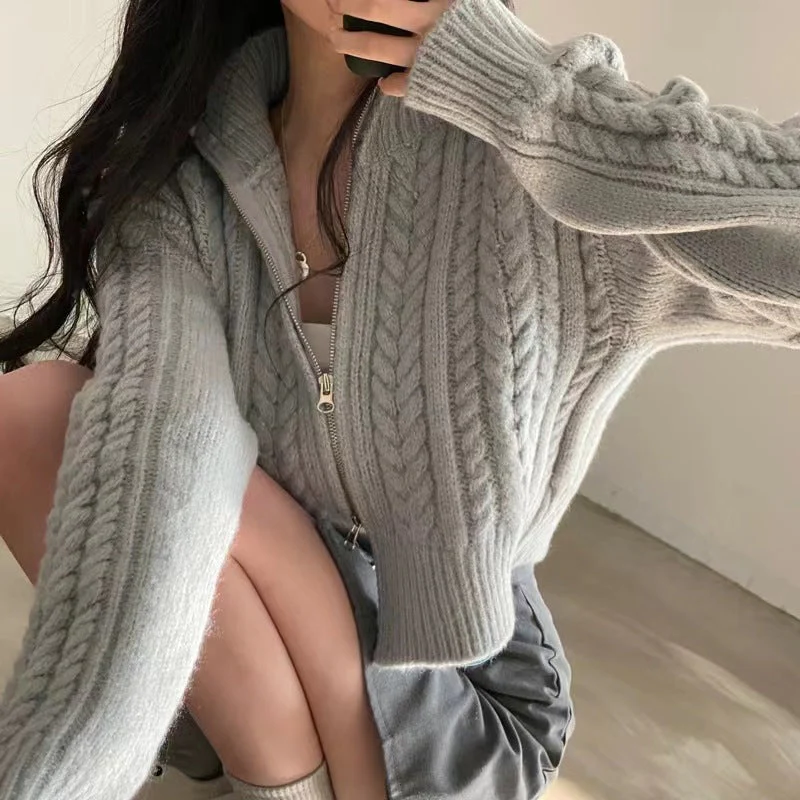Twist Double Zipper Design Short Cardigan - Image 3