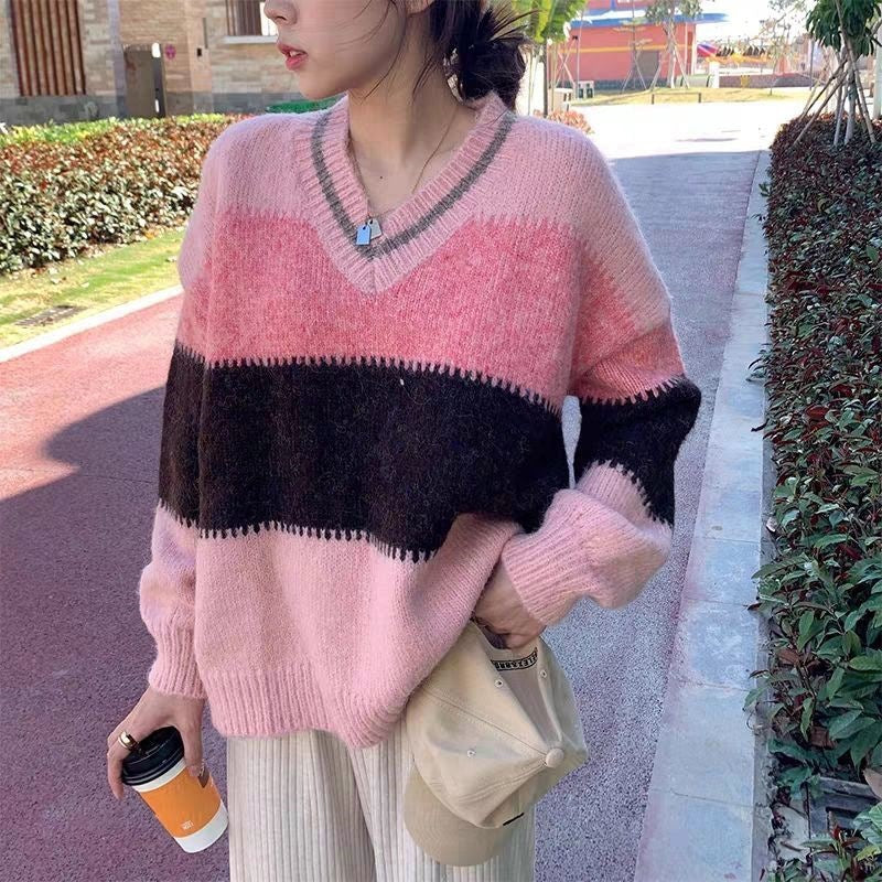 V-Neck Color Block Striped Sweater - Image 2