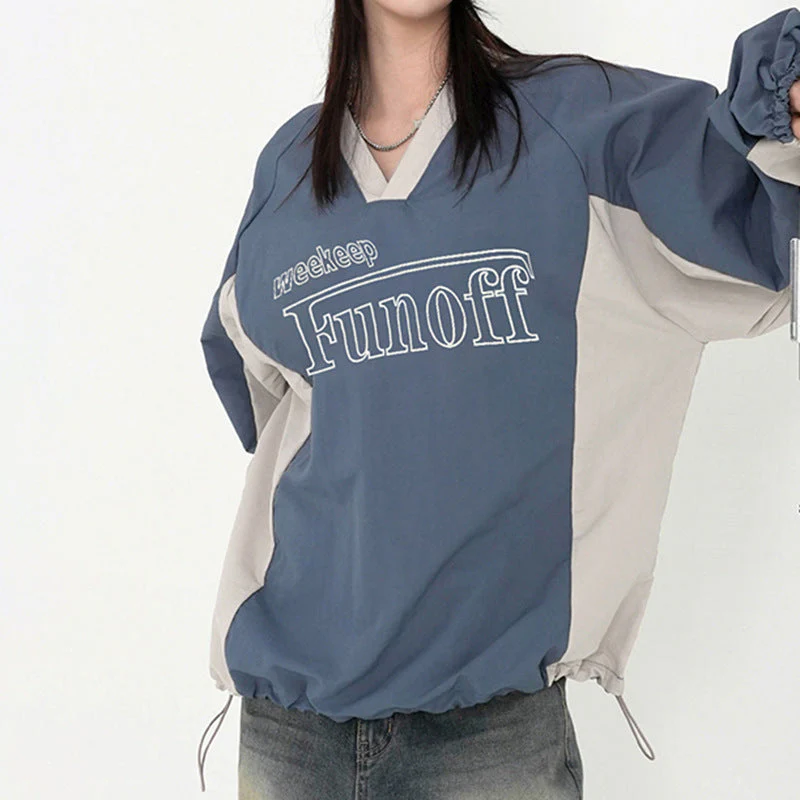 V-Neck Patchwork Oversized Sweatshirt - Image 2