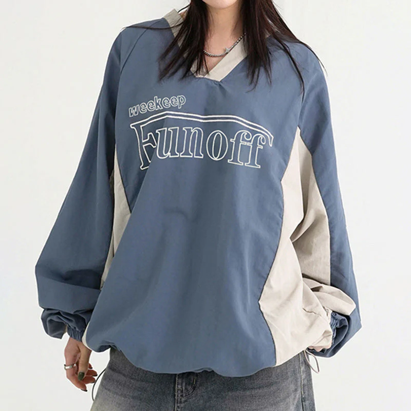 V-Neck Patchwork Oversized Sweatshirt - Image 3