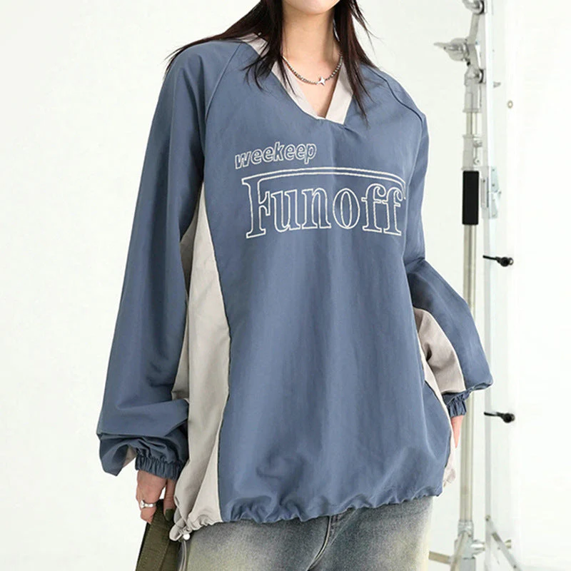 V-Neck Patchwork Oversized Sweatshirt - Image 5