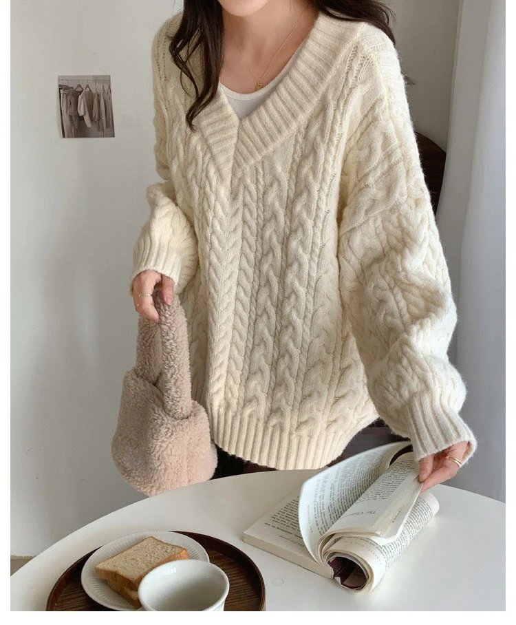 V Neck Pullover Cable Knit Sweater - Image 10