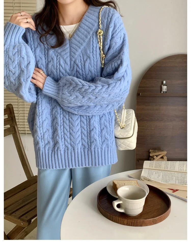 V Neck Pullover Cable Knit Sweater - Image 6