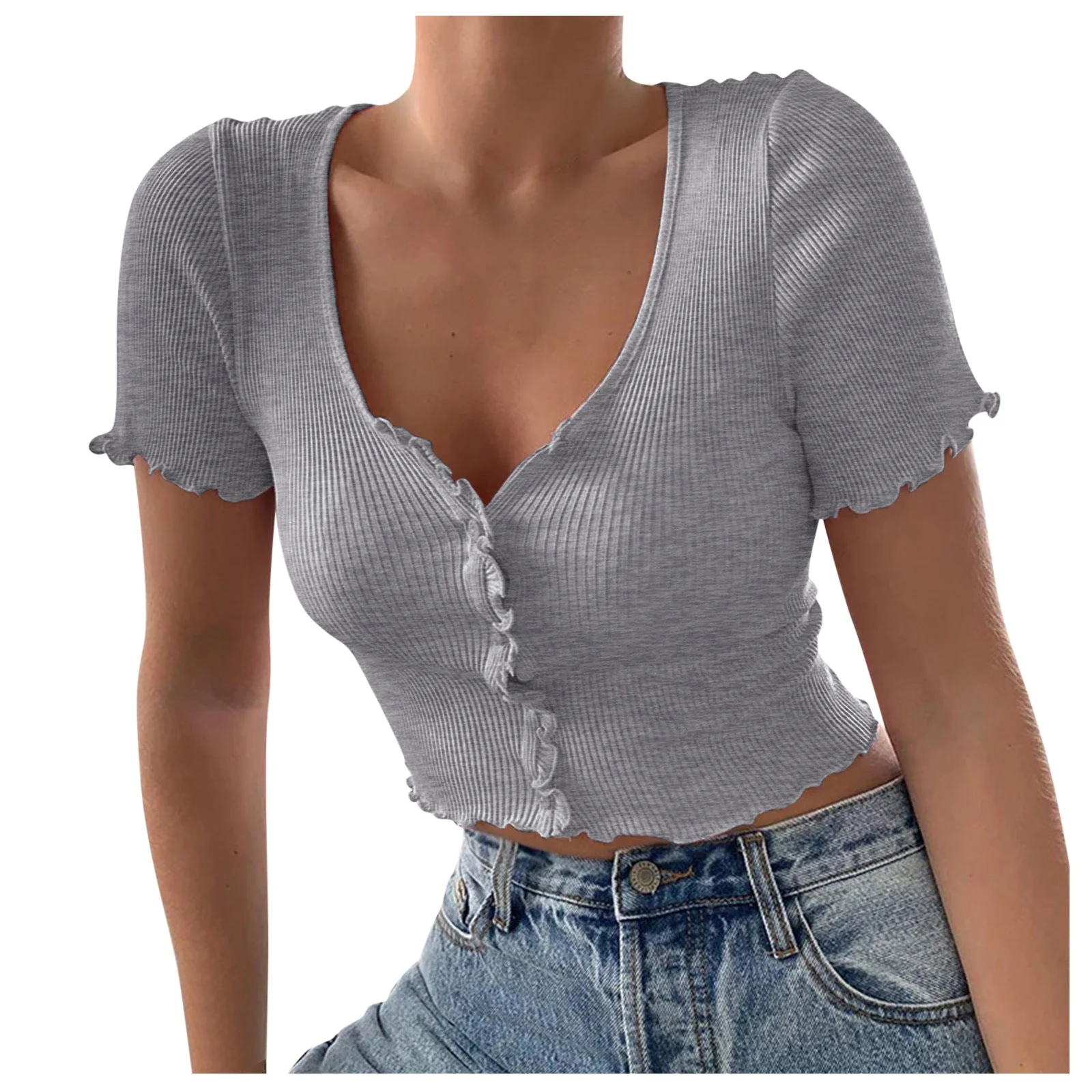 V Neck Ruffles Short Sleeve T Shirt - Image 4