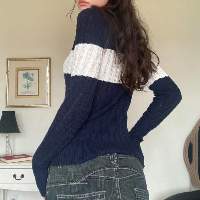 V Neck Striped Cable Knit Downtown 90s Top - Image 3