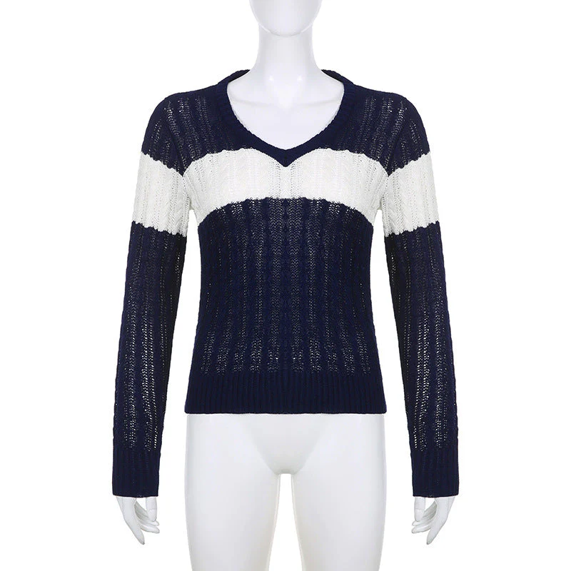 V Neck Striped Cable Knit Downtown 90s Top - Image 6