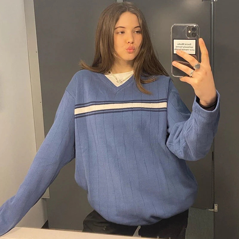 V Neck Striped Oversize Sweater - Image 2