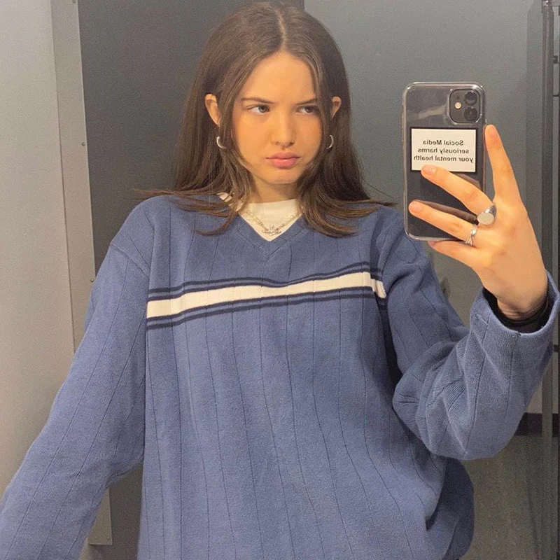 V Neck Striped Oversize Sweater - Image 6