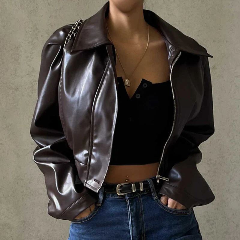 Vintage Brown Lapel Neck Zip Up Short Jacket