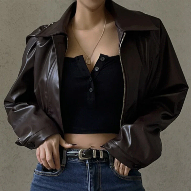 Vintage Brown Lapel Neck Zip Up Short Jacket - Image 2