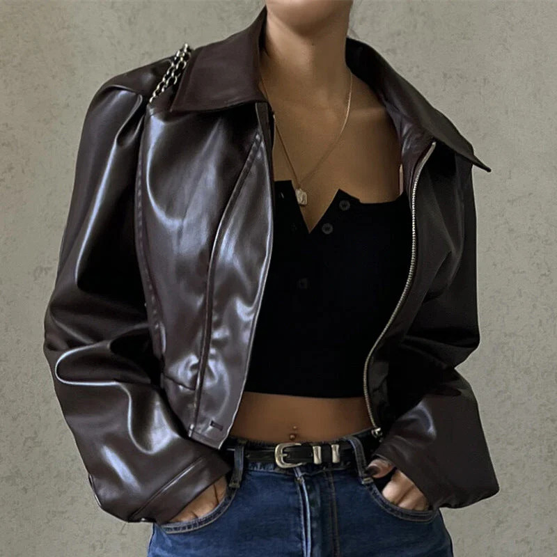 Vintage Brown Lapel Neck Zip Up Short Jacket - Image 4