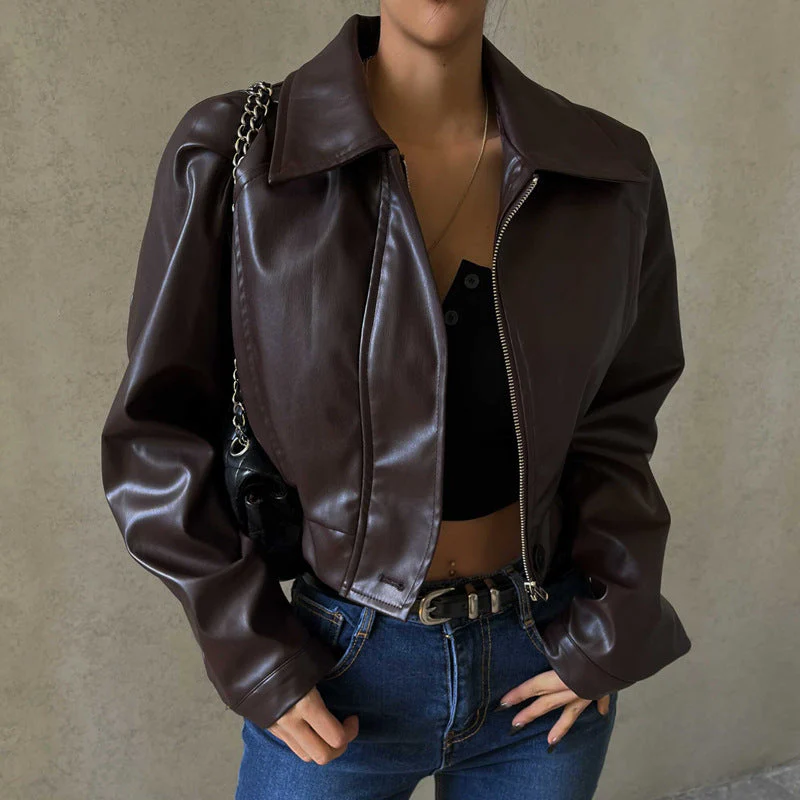 Vintage Brown Lapel Neck Zip Up Short Jacket - Image 5