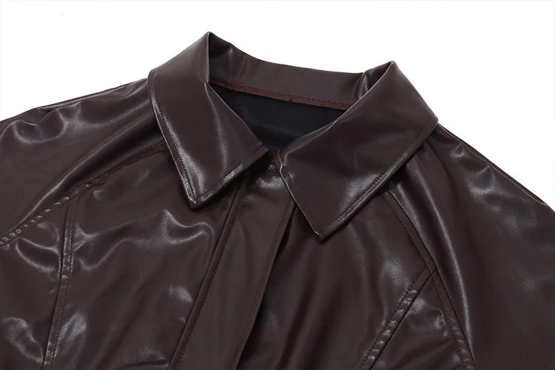 Vintage Brown Lapel Neck Zip Up Short Jacket - Image 8