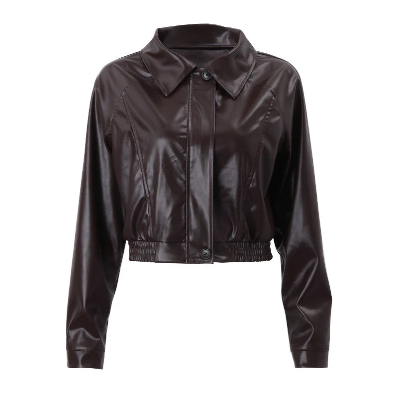 Vintage Brown Lapel Neck Zip Up Short Jacket - Image 9