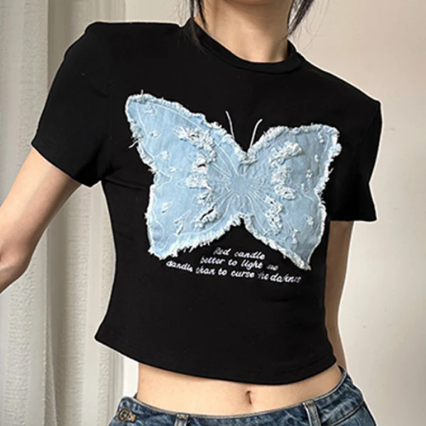Vintage Butterfly Patchwork Short Sleeve Tee