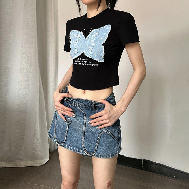 Vintage Butterfly Patchwork Short Sleeve Tee - Image 3