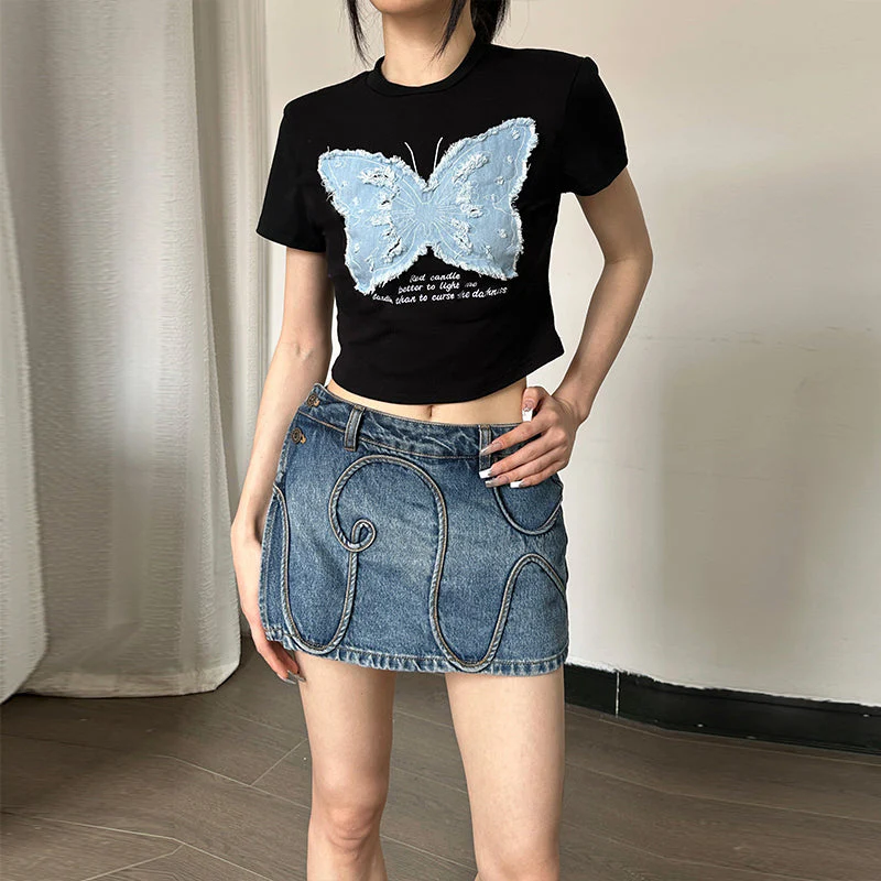 Vintage Butterfly Patchwork Short Sleeve Tee - Image 6