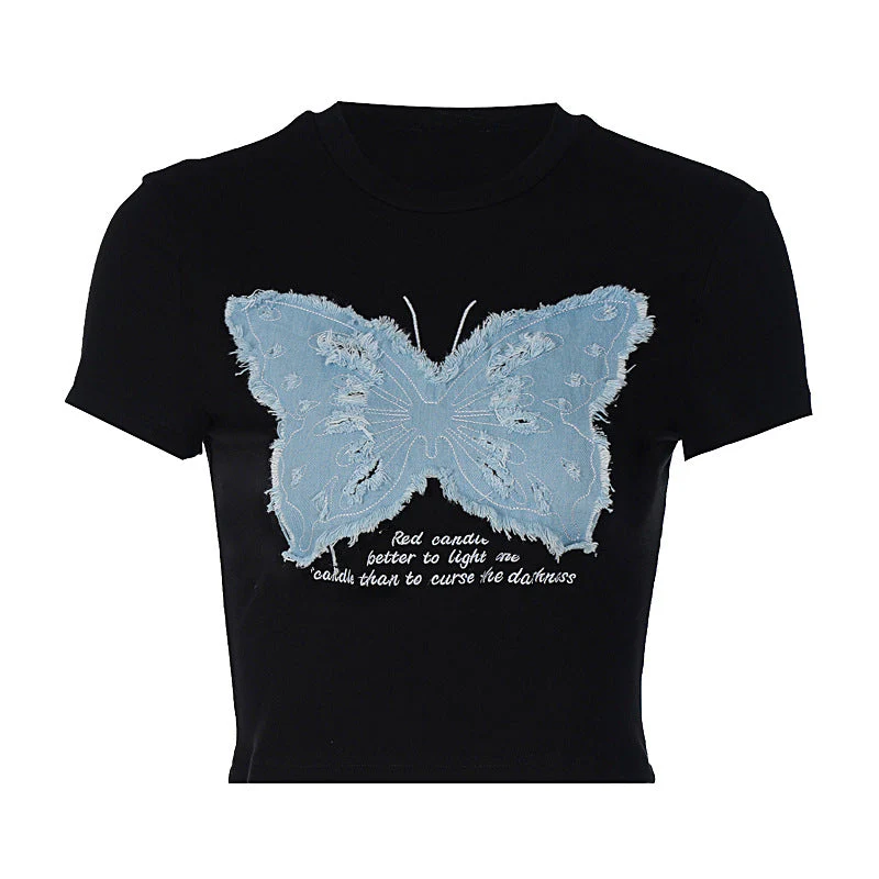 Vintage Butterfly Patchwork Short Sleeve Tee - Image 7