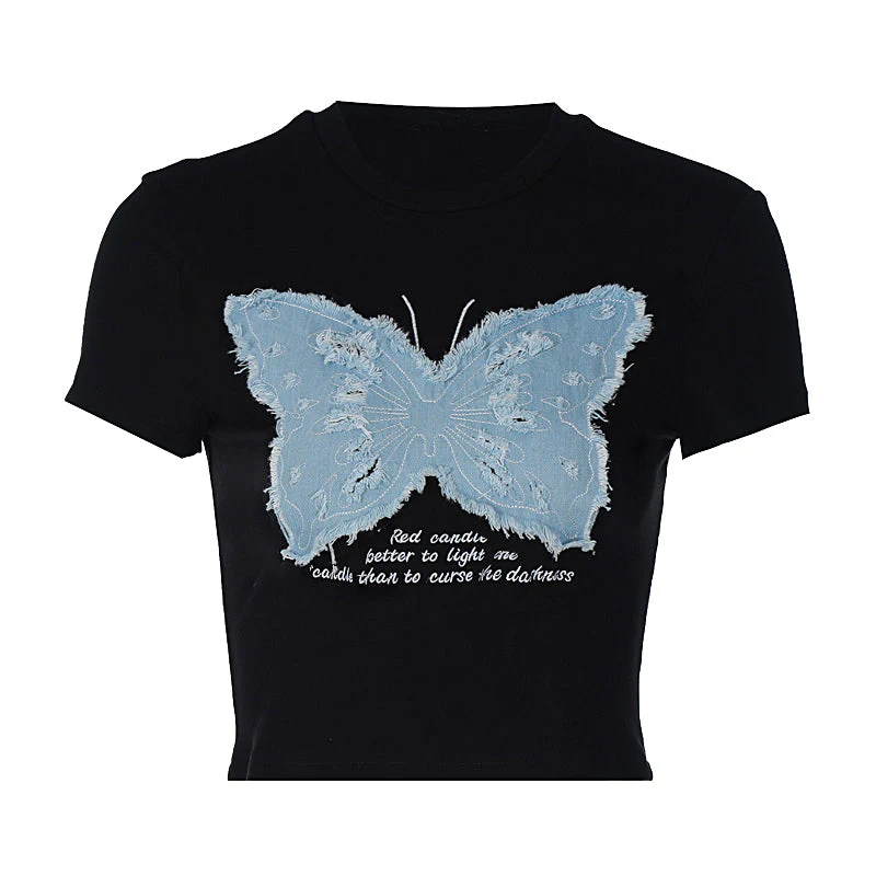 Vintage Butterfly Patchwork Short Sleeve Tee - Image 8