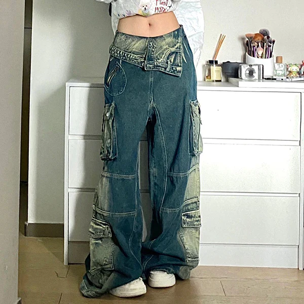 Vintage Contrast Wash Fold Over Cargo Jeans
