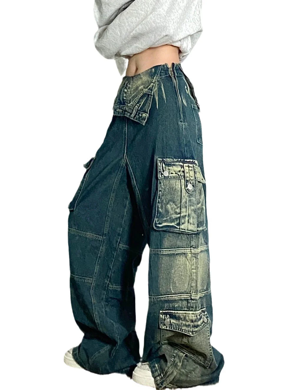 Vintage Contrast Wash Fold Over Cargo Jeans - Image 3