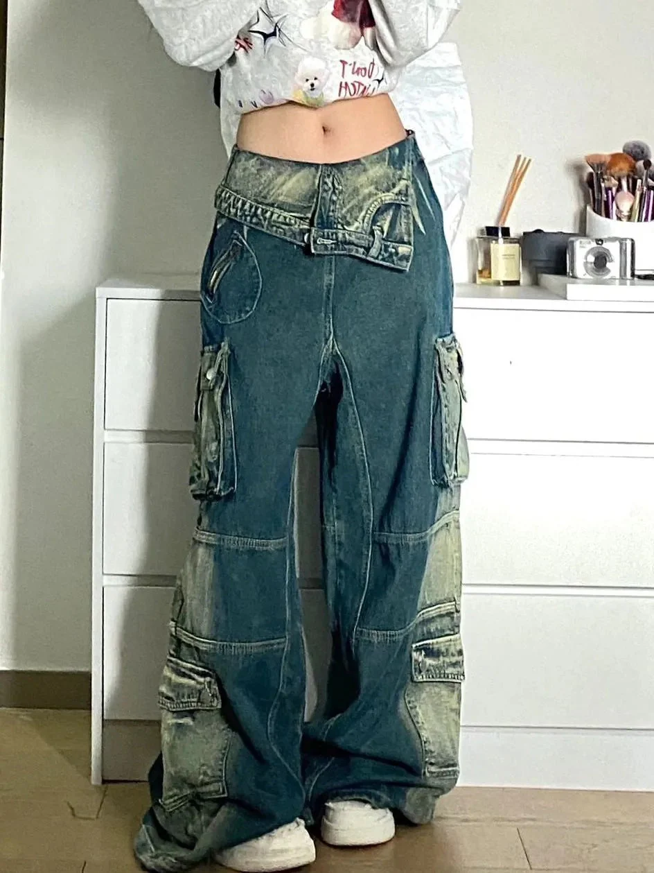 Vintage Contrast Wash Fold Over Cargo Jeans - Image 4