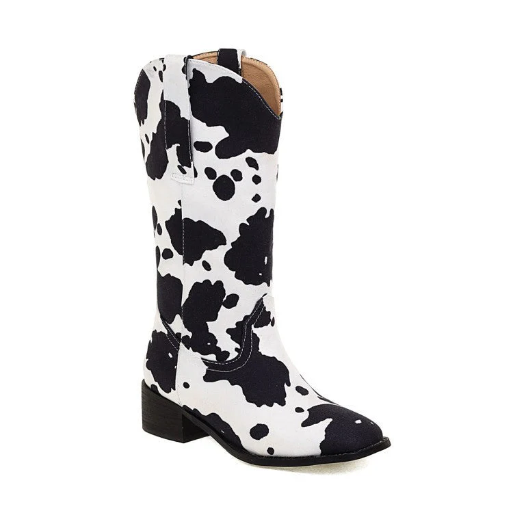 Vintage Cow Print Block Heel Rider Boots - Image 8