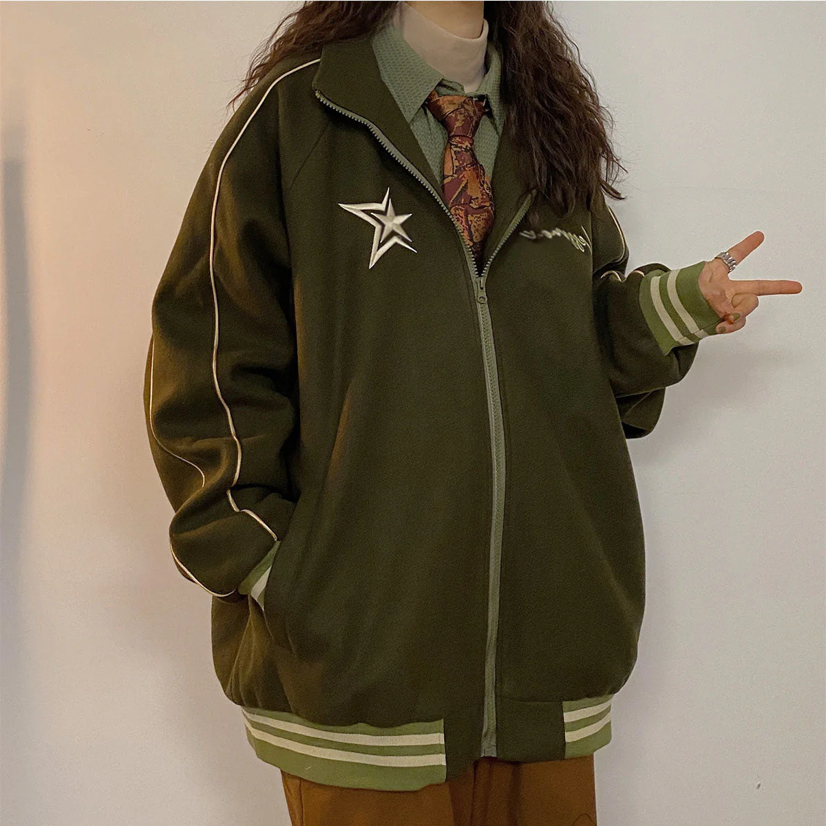 Vintage Embroidery Star Zip Up Oversized Jacket - Image 3