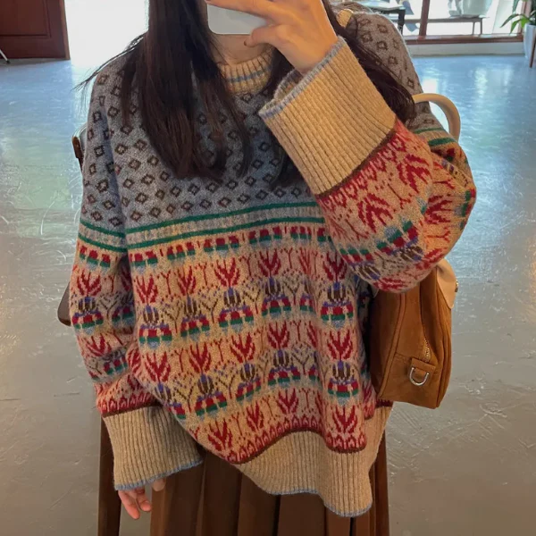 Vintage Jacquard Splice Knit Sweater
