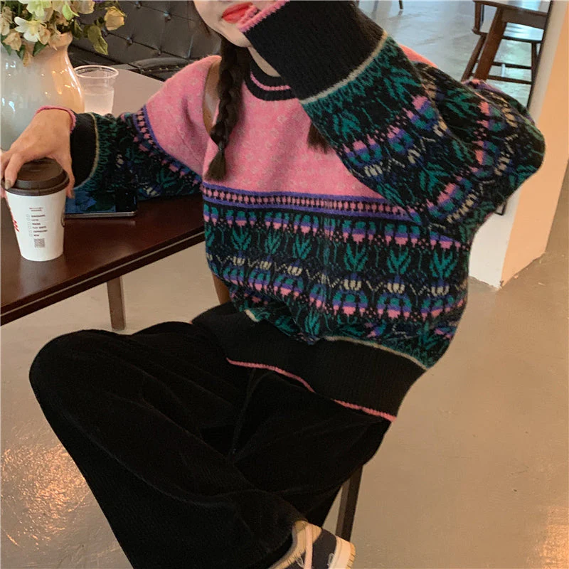Vintage Jacquard Splice Knit Sweater - Image 2