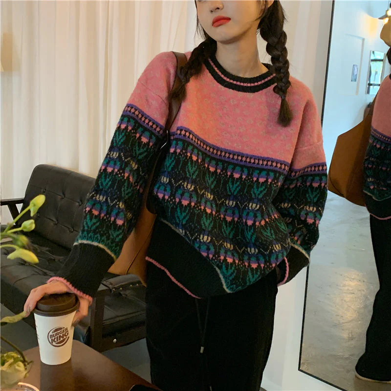 Vintage Jacquard Splice Knit Sweater - Image 5