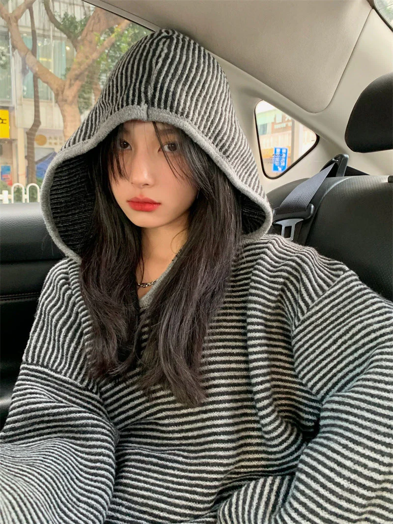 Vintage Knit Striped Hooded Sweater - Image 10