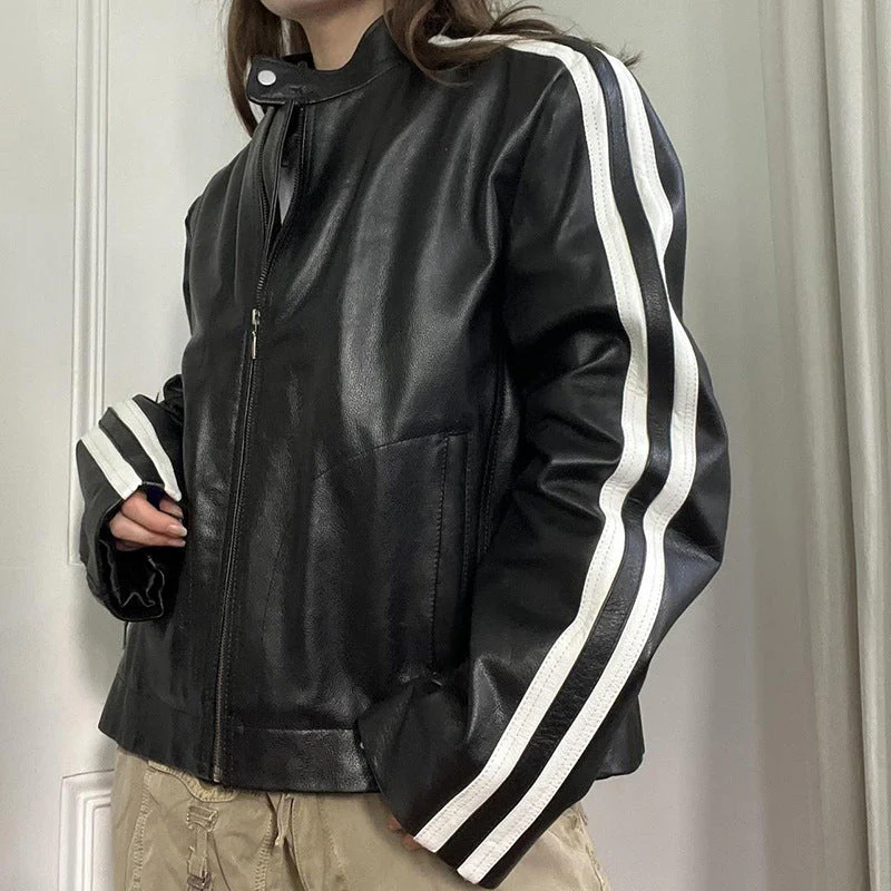 Vintage Side Striped Pu Leather Jacket - Image 5