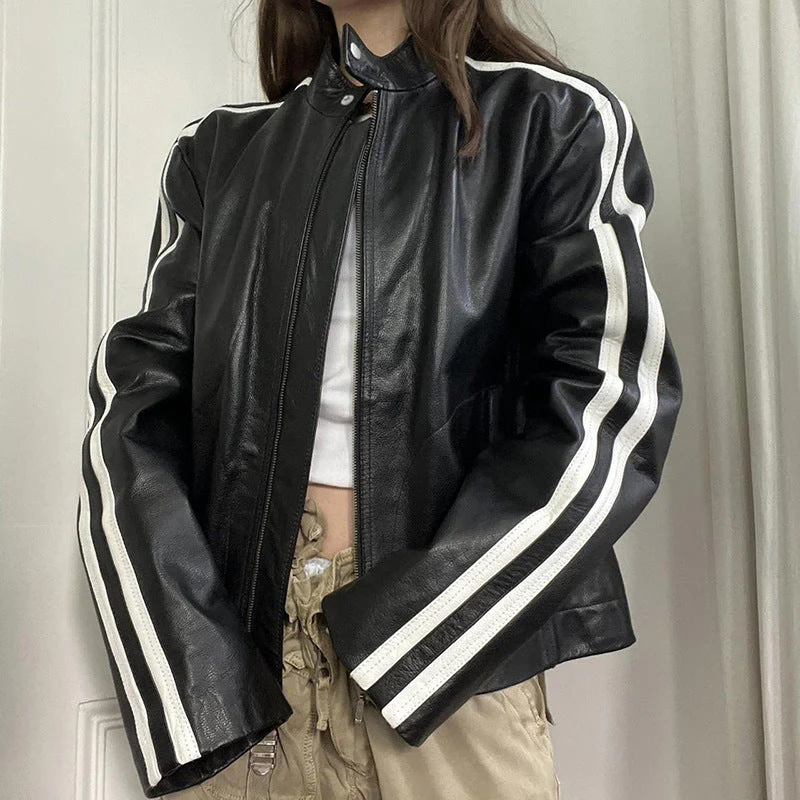 Vintage Side Striped Pu Leather Jacket - Image 9