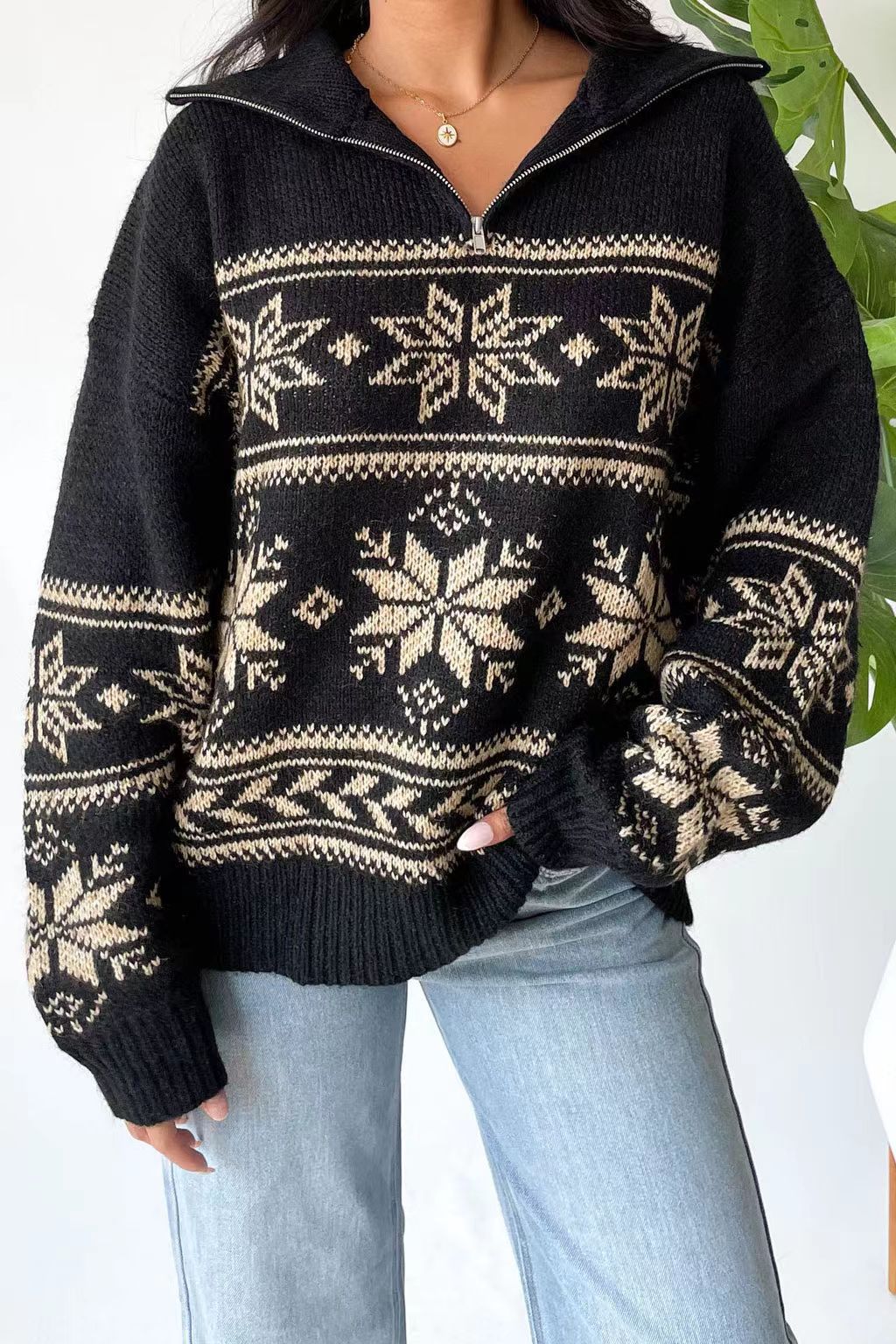 Vintage Snowflake Print Zip Up Sweater - Image 2
