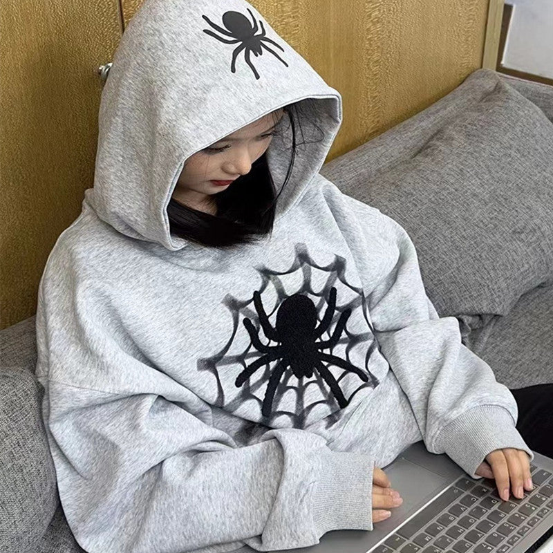 Vintage Spider Web Print Oversized Hoodie - Image 3