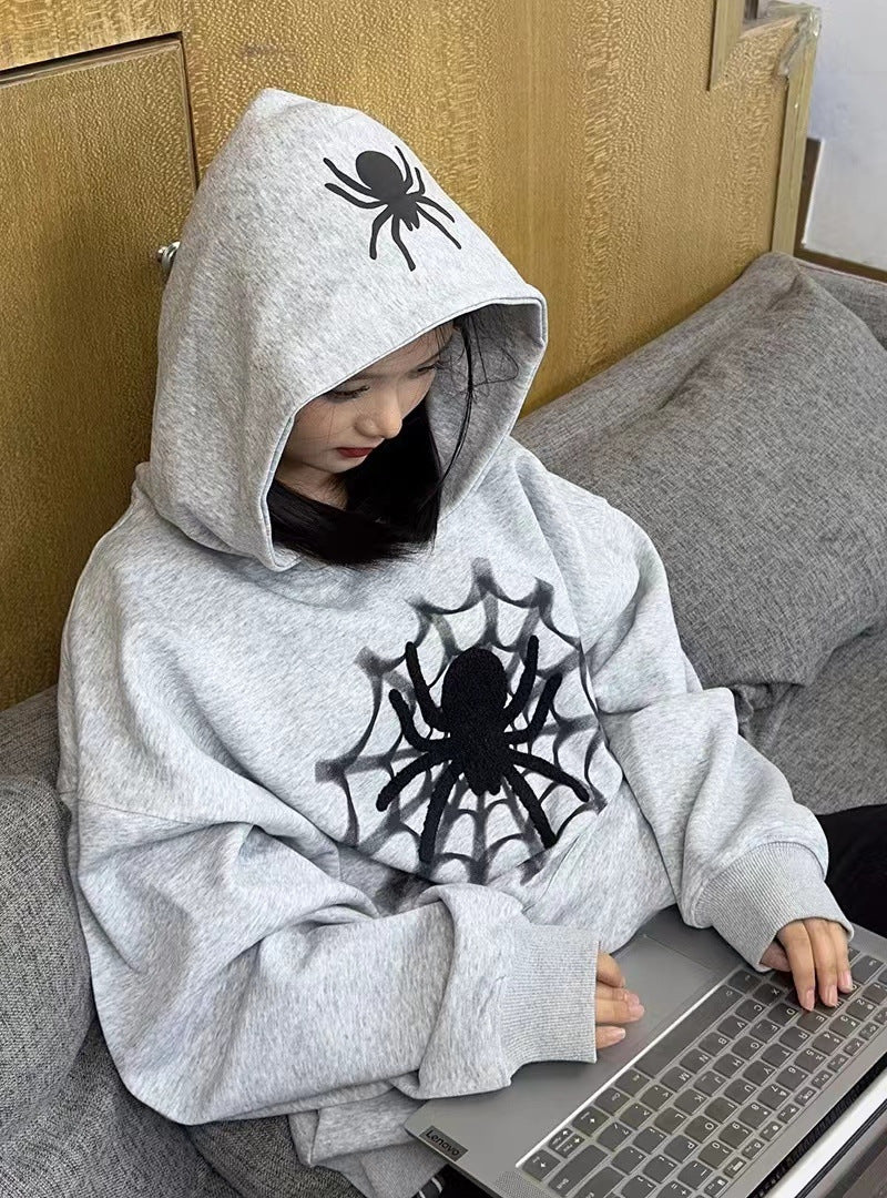 Vintage Spider Web Print Oversized Hoodie - Image 4