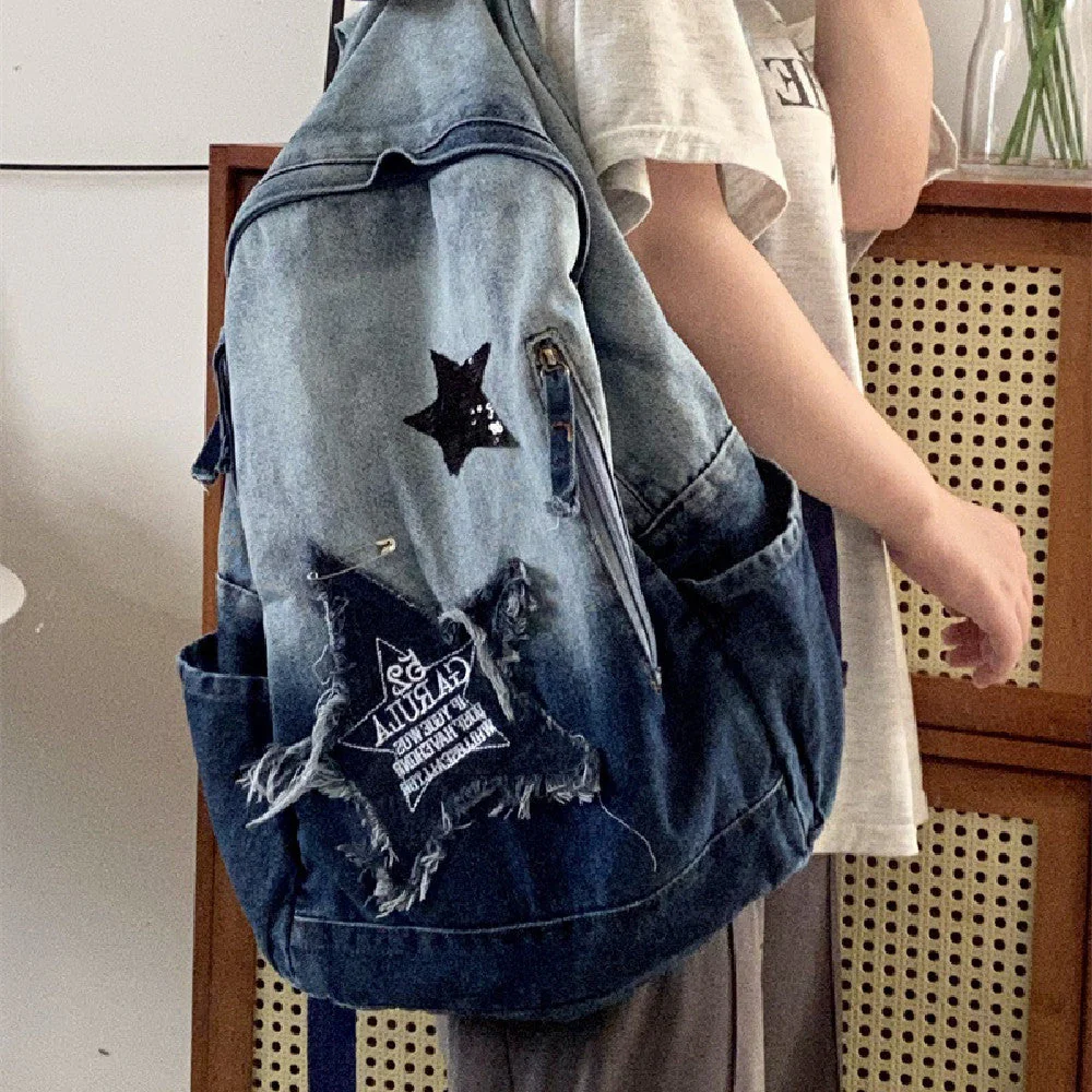 Vintage Star Patch Gradient Denim Backpack - Image 2