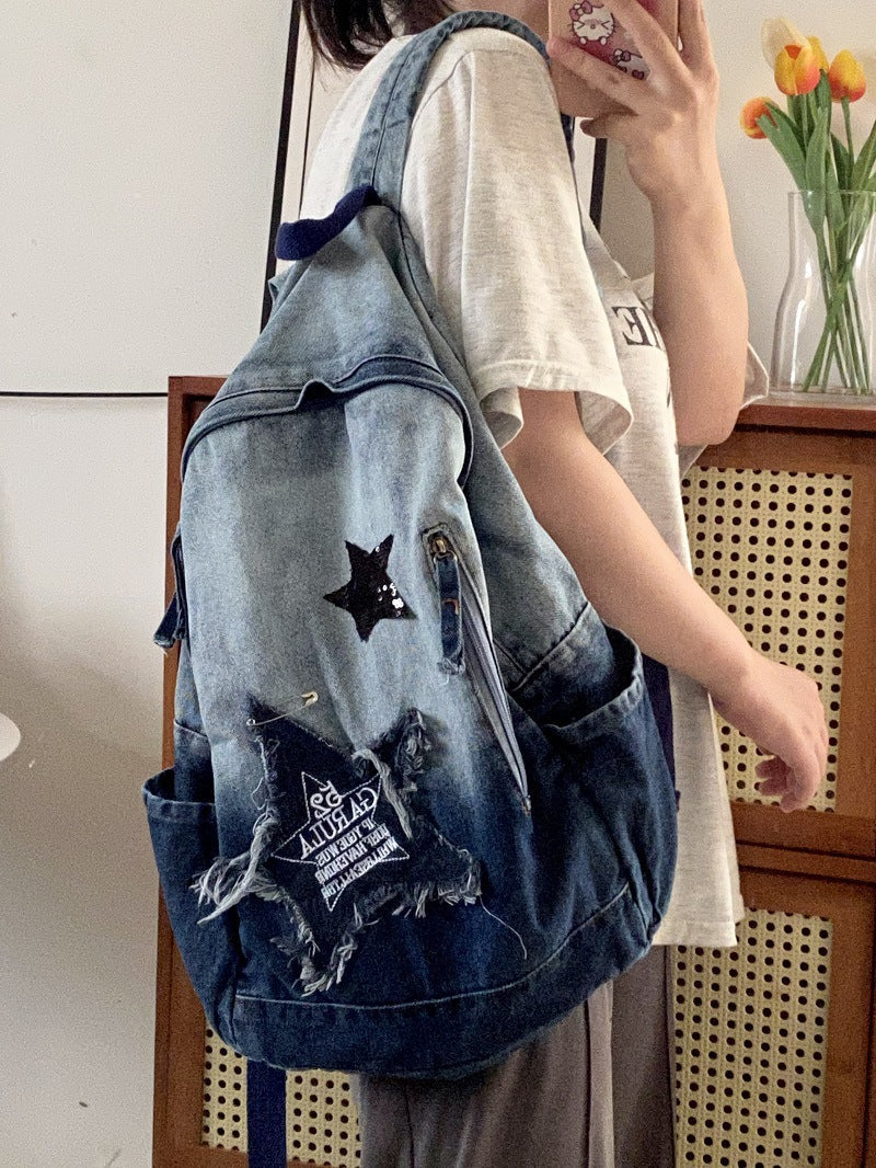 Vintage Star Patch Gradient Denim Backpack - Image 3