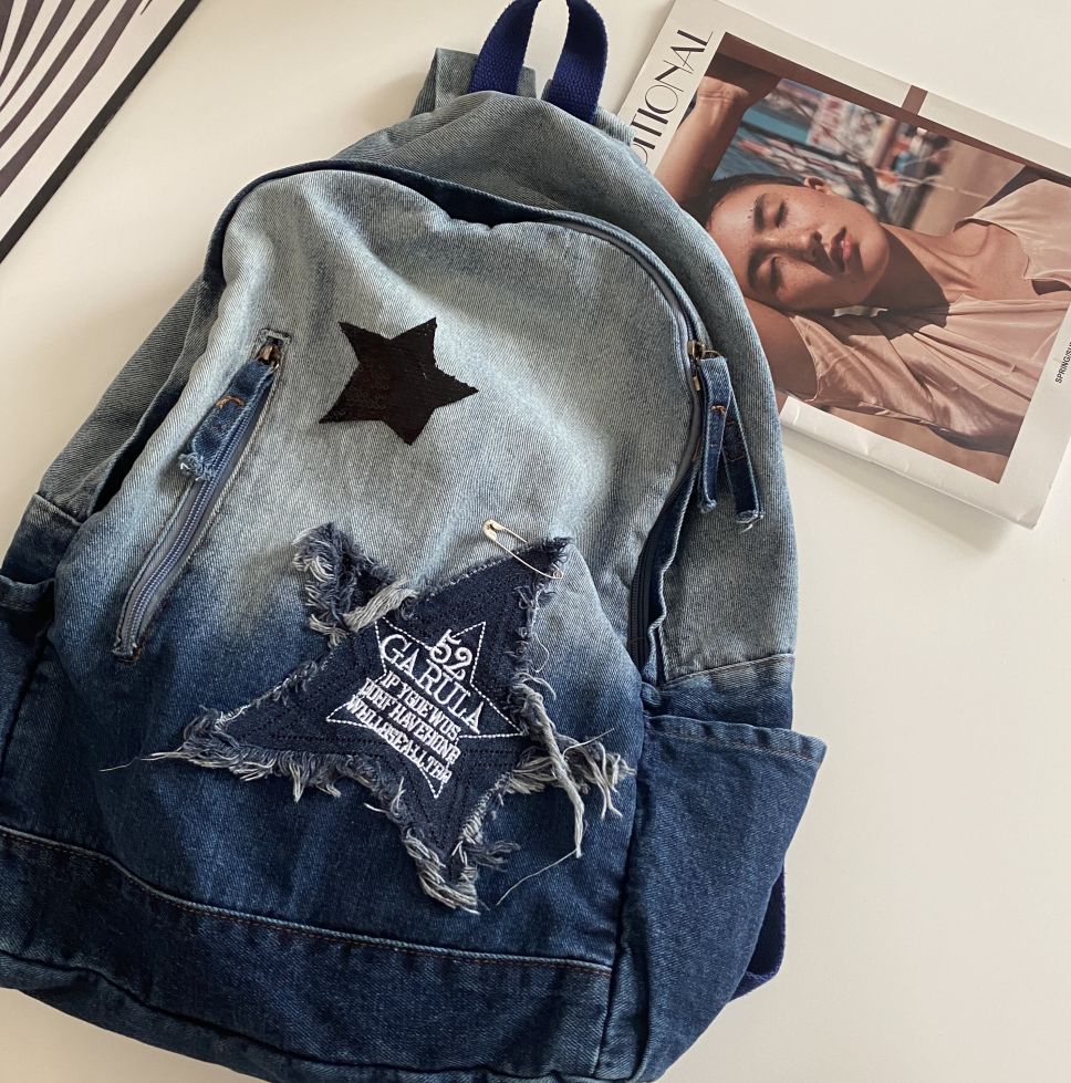 Vintage Star Patch Gradient Denim Backpack - Image 5